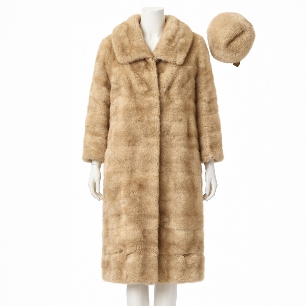 Size L Jordan Livingston Furs Tan Mink‎ Fur Coat with Hat